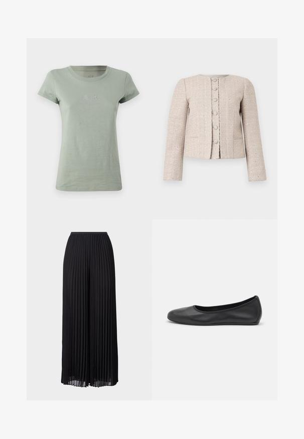 Beige tweed bleiseri, jossa on pyöreä kaula-aukko, edessä nappisuljenta ja pitkät hihat. Sisältää tekstuuripinnan ja hienovaraisen kiillon.; Vaaleanvihreä puuvillapaita lyhyillä hihoilla, pyöreällä kaula-aukolla ja rinnassa pieni, kiiltävillä yksityiskohdilla koristeltu A|X-logo.; Mustat, laskostetut, leveälahkeiset housut, joissa on elastinen vyötärö. Valmistettu kevyestä kankaasta, jossa on pystysuorat laskokset kauttaaltaan.; Musta nahkainen ballerina, jossa on pyöristetty kärki, sileä pinta, minimaalinen ommelkoristelu ja joustava pohjamuotoilu.