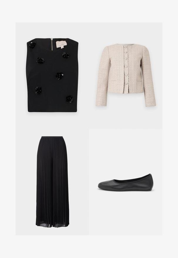 Beige tweed blazer with a round neckline, front button closure, and long sleeves. Features a textured pattern and subtle sheen.; Black sleeveless top with square neckline, featuring sequin floral appliqués and a back zipper. Smooth fabric texture. Size small.; Black pleated wide-leg trousers with an elastic waistband. Made of lightweight fabric, featuring vertical folds throughout.; Black leather ballet flat with a rounded toe, smooth texture, minimal stitching detail, and a flexible sole design.