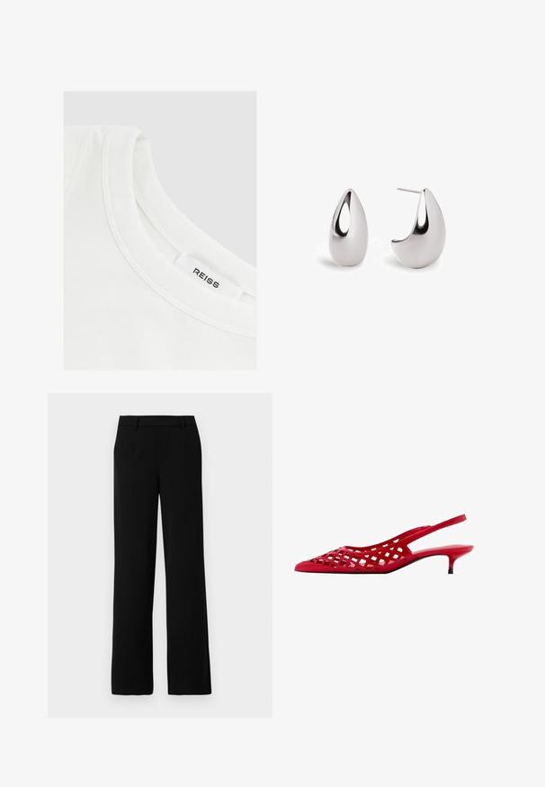 Blazer grigio tagliato realizzato in tessuto morbido, con due tasche frontali, chiusura con un solo bottone e rever a punta. Fodera visibile all'interno.; T-shirt bianco in cotone con scollo rotondo e dettagli cuciti; etichetta con scritto "REISS." Texture liscia, design semplice.; Pantaloni neri a gamba larga realizzati in tessuto liscio, con una parte frontale liscia, due tasche laterali e una vita sagomata per un aspetto raffinato.; Scarpa slingback rossa con tacco kitten, upper in lattice a intaglio, punta affusolata e finitura lucida. Suola nera con tacco piccolo.; Orecchini a goccia in argento lucido con un dettaglio intagliato, caratterizzati da una superficie liscia e un retro a perno per una vestibilità sicura.