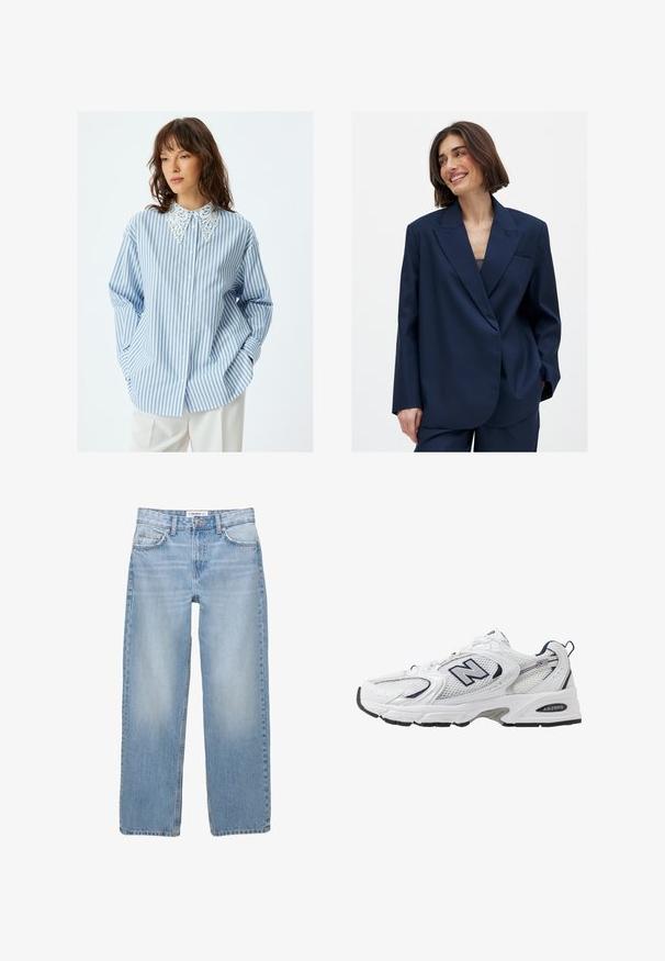 Navy blue blazer in smooth fabric with a notched lapel, single front pocket detail, and slightly oversized fit. Suitable for various occasions.; Light blue and white striped button-up shirt with a decorative white lace collar. Features long sleeves and a relaxed fit.; Light blue denim jeans with a straight-leg design, five-pocket style, and visible stitching details. The fabric has a soft, slightly faded texture.; White athletic shoe with mesh upper, navy accents, and cushioned sole. Features "N" logo, laces, and textured detail on side.