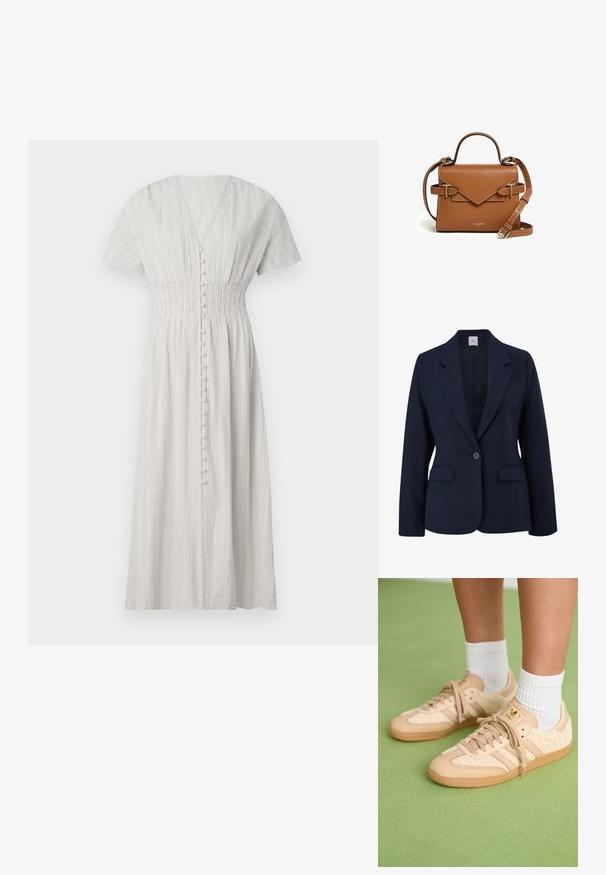 Navyblauer Blazer aus glattem Stoff, mit einem einzelnen Knopfverschluss, Reverskragen und zwei vorderen Taschen. Einfaches, strukturiertes Design.; Hellgraues, knielanges Kleid mit V-Ausschnitt, kurzen Ärmeln und geraffter Taille. Verfügt über vertikale Streifen und Knopfdetails entlang der Vorderseite.; Füße in beigen, gewebten Adidas-Sneakern mit Gummisohlen und weißen Knöchelsocken auf grüner texturierter Fläche.; Braune Lederhandtasche mit strukturiertem Design, goldenen Hardware-Akzenten und einer dekorativen Klappe. Inklusive abnehmbaren Schultergurt.