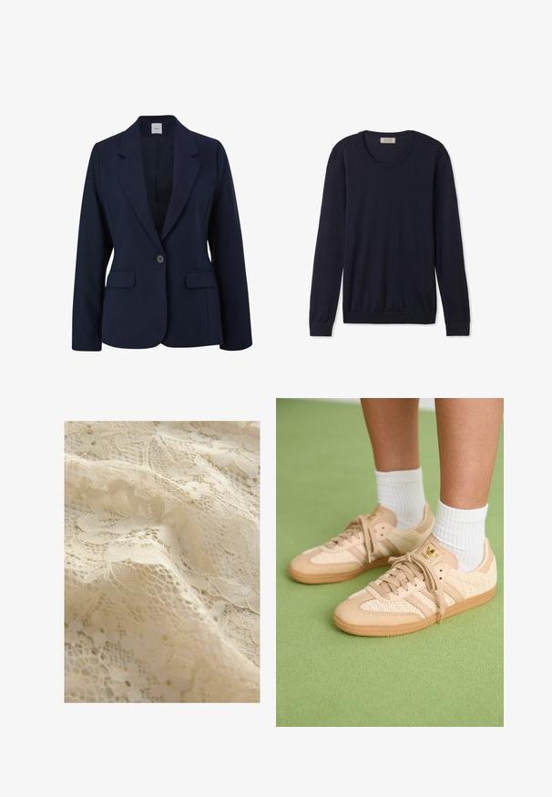 Blazer bleu marine en tissu lisse, doté d'une fermeture à un bouton, de revers crantés et de deux poches avant. Design simple et structuré.; Pull en jersey bleu marine à manches longues avec col rond, fabriqué dans un matériau doux, avec des poignets et un ourlet côtelés, présentant une coupe classique et un design minimaliste.; Tissu en dentelle beige à motif floral, présentant des textures délicates, des détails complexes, et une apparence globale douce.; Pieds portant des baskets Adidas tissées beiges avec des semelles en gomme et des chaussettes blanches à la cheville sur un sol vert texturé.