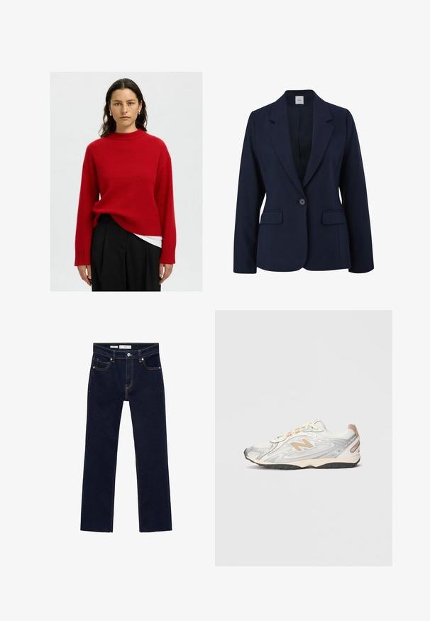 Blazer blu navy realizzato in tessuto liscio, con chiusura a un bottone, rever a trombetta e due tasche frontali. Design semplice e strutturato.; Maglione rosso a maglia con un collo alto, spalle cadenti e polsini a costine. Indossato sopra una maglietta bianca, abbinato a pantaloni neri.; Jeans in denim blu scuro con design a gamba dritta, caratterizzati da cuciture arancioni, cinque tasche e chiusura con bottone metallico in vita.; Sneaker da sport in grigio chiaro con accenti argentati, tomaia in rete, dettagli beige e suola in gomma nera. Presenta lacci e colletto imbottito.