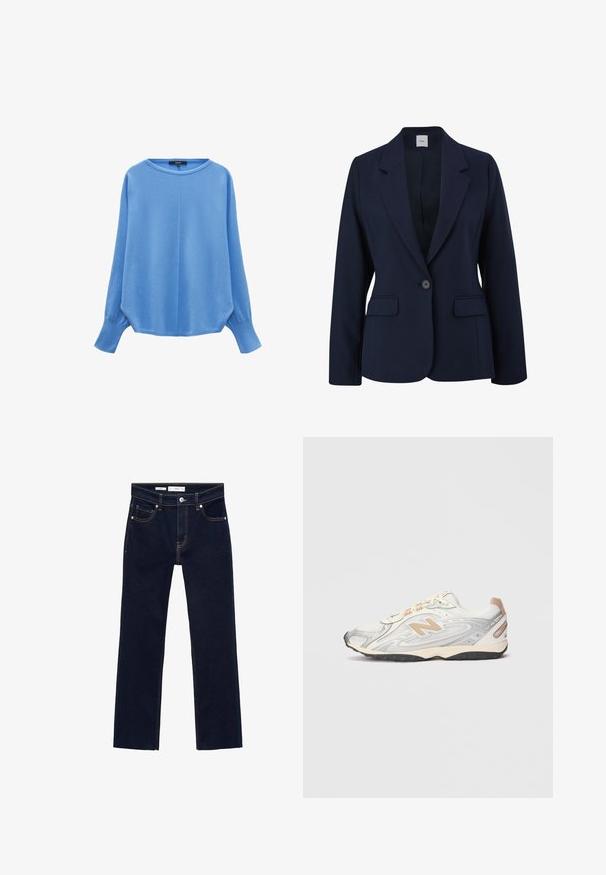 Blazer blu navy realizzato in tessuto liscio, con chiusura a un bottone, rever a trombetta e due tasche frontali. Design semplice e strutturato.; Maglione azzurro chiaro realizzato in materiale morbido. Presenta un collo a giro, maniche lunghe e una vestibilità comoda con polsini e orlo a coste.; Jeans in denim blu scuro con design a gamba dritta, caratterizzati da cuciture arancioni, cinque tasche e chiusura con bottone metallico in vita.; Sneaker da sport in grigio chiaro con accenti argentati, tomaia in rete, dettagli beige e suola in gomma nera. Presenta lacci e colletto imbottito.