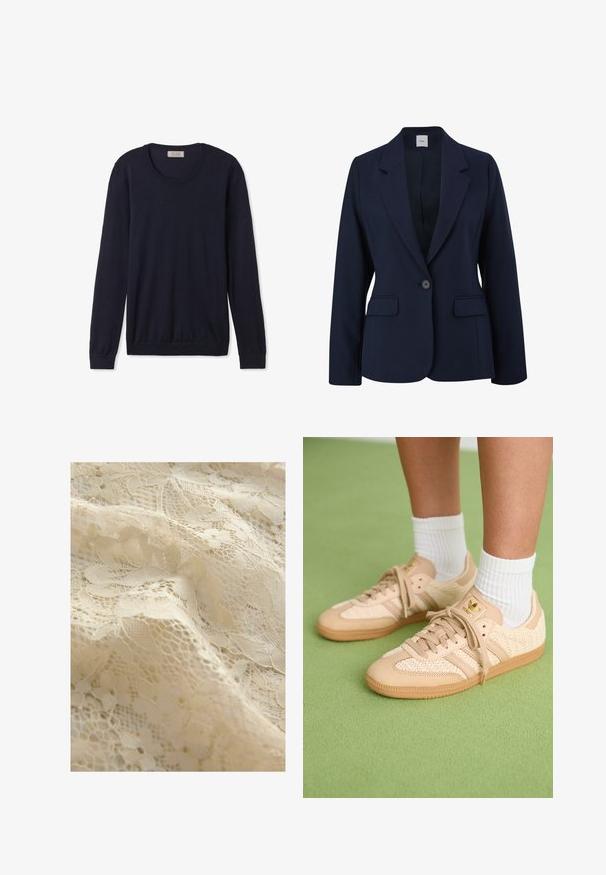 Navyblauwe blazer van gladde stof, met een enkele knoopsluiting, met notched revers en twee heeftjes aan de voorkant. Eenvoudig, gestructureerd ontwerp.; Marineblauwe trui met lange mouwen en ronde hals, gemaakt van zacht materiaal met ribgebreide manchetten en onderkant, met een klassieke pasvormontwerp en minimale details.; Beige kanten stof met een bloemmotief, met delicate texturen, ingewikkelde details en een over het algemeen zachte uitstraling.; Voeten in beige geweven Adidas sneakers met gumzolen en witte enkelsokken op een groene gestructureerde vloer.