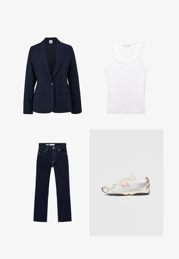 Mornarsko plavi sako od glatkog materijala, s jednostavnim zatvaranjem na jednom dugmetu, rebrastim reverima i dva prednja džepa. Jednostavan, strukturiran dizajn.; PULL&BEAR Top - white; Tamno plave traperice s ravnim nogavicama, ukrašene narančastim šavovima, s pet džepova i metalnim dugmetom za zakopčavanje u struku.; Sportske tenisice u svijetlo sivoj boji s srebrnim akcentima, gornji dio od mrežaste tkanine, bež detalji i crna gumena potplata. Imaju vezice i podstavljeni ovratnik.