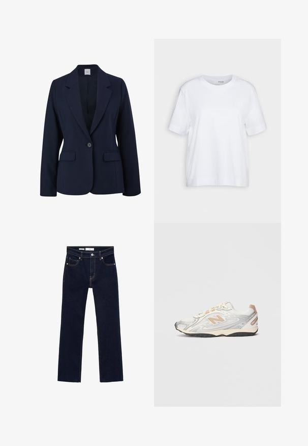 Námornícky modrý blejzer z hladkej tkaniny, s jedným gombíkom na zapínanie, klopovými goliermi a dvomi prednými vreckami. Jednoduchý, štruktúrovaný dizajn.; Biela krátka rukávová tričko, s okrúhlym výstrihom, vyrobené z jemnej a hladkej bavlnenej tkaniny, s rovnými okrajmi a minimálnymi detailami. Jednoduchý a univerzálny dizajn.; Tmavo modré denimové džínsy so strihom priamo na nohy, s oranžovým prešívaním, piatimi vreckami a kovovou gombíkovou uzávierkou v páse.; Športové tenisky svetlosivej farby so striebornými akcentmi, sieťovaným vrchom, béžovými detailmi a čiernou gumovou podrážkou. Obsahujú šnúrky a polstrovaný golier.