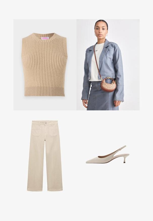 Mornarsko moder blazer iz gladkega materiala, z enim gumbom za zapiranje, s klasičnimi reverji in dvema sprednjima žepoma. Preprost, strukturiran dizajn.; Bež majica na naramenice s rebrastim pletenjem, okruglim izrezom i bez rukava. Ima teksturirani uzorak i neutralnu paletu boja.; Bež široke hlače iz bombaža. Imajo zadrgo, sprednji gumb in dva našita žepa na hrbtu. Čista rob brez okrasnih elementov.; Bež sandale s peto, ki se zavezuje za peto, z izostrenim nosom in nizko, razširjeno peto. Narejene iz gladke usnje z minimalisticnim dizajnom in prilagodljivo zanko.; Mala rjava in bež torbica s klasičnim vzorcem logotipa, z zlatim okovjem in ukrivljeno obliko, v kombinaciji z jeans jakno in krilom.