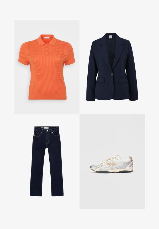 Mornarsko moder blazer iz gladkega materiala, z enim gumbom za zapiranje, s klasičnimi reverji in dvema sprednjima žepoma. Preprost, strukturiran dizajn.; Polo majica s kratkimi rokavi v svetlo oranžni barvi, z teksturiranim pletenim vzorcem, placketom s tremi gumbi in majhnim logotipom nad levim prsnikom.; Temno modri kavbojasti hlače s ravnim krojem, z oranžnim šivom, petimi žepi in kovinskim gumbom za zapiranje v pasu.; Športni čevlji v svetlo sivi barvi s srebrnimi detajli, mrežast gornji del, bež podrobnosti in črna gumijasta podlaga. Vključujejo vezalke in oblazinjen ovratnik.