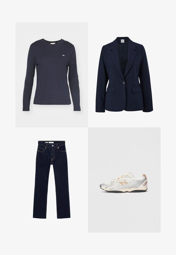 Navy blue blazer made of smooth fabric, featuring a single button closure, notched lapels, and two front pockets. Simple, structured design.; Navy blue long-sleeve t-shirt made of cotton, featuring a crew neck and a small logo on the left chest. Smooth texture.; Dark blue denim jeans with a straight leg design, featuring orange stitching, five pockets, and a metal button closure at the waist.; Sport sneaker in light gray with silver accents, mesh upper, beige details, and black rubber outsole. Features laces and a padded collar.