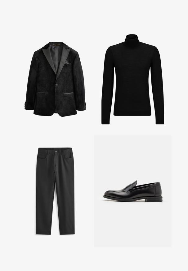 Giacca smoking in velluto nero con rever in satin, chiusura a un bottone e due tasche frontali. Include un fazzoletto da taschino e una texture liscia.; Maglione a collo alto nero realizzato in materiale morbido, con maniche lunghe e vestibilità aderente. Bordo a coste all'orlo e ai polsini. Design semplice.; Next SKINNY FIT PLAIN - Pantaloni - black; Mocassini neri in pelle con una texture liscia, punta arrotondata e una striscia decorativa sulla tomaia. Tacco basso impilato, design minimalista.