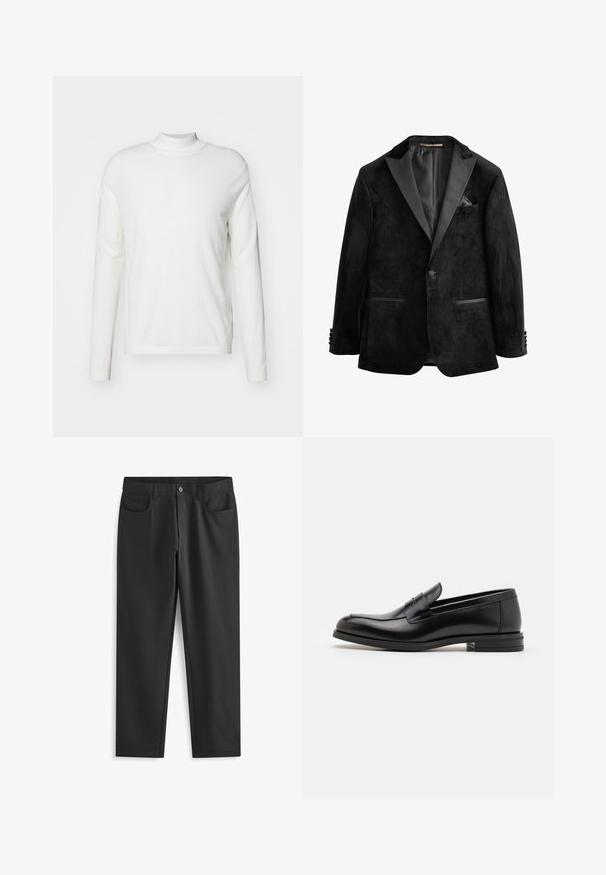 Zwarte fluwelen tuxedojack met satijnen revers, enkelknoopsluiting en twee voorzakken. Heeft een pochet en een soepele textuur.; Witte lange mouwen turtleneck sweater van zachte stof. Kenmerkt zich door een fitted ontwerp en minimale details, met een eenvoudige rechte zoom.; Next SKINNY FIT PLAIN - Broek - black; Zwarte leren instappers met een gladde textuur, ronde neus en een decoratieve band over de wreef. Lage, gestapelde hak en minimalistisch ontwerp.