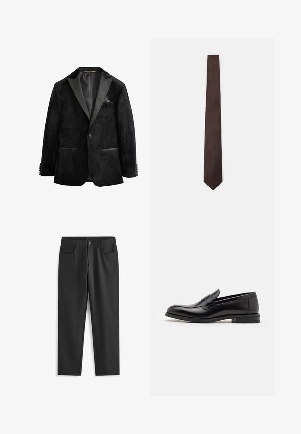 Zwarte fluwelen tuxedojack met satijnen revers, enkelknoopsluiting en twee voorzakken. Heeft een pochet en een soepele textuur.; Lichtroze blouse met lange mouwen, verticale witte strepen, knoopsluiting aan de voorkant, klassieke kraag en manchetten met een enkele knoopdetail.; Next SKINNY FIT PLAIN - Broek - black; Zwarte leren instappers met een gladde textuur, ronde neus en een decoratieve band over de wreef. Lage, gestapelde hak en minimalistisch ontwerp.; Bruine stropdas met een gestructureerd patroon, slank ontwerp en spitse punt. Gemaakt van stof, met een gladde afwerking en een subtiele glans.