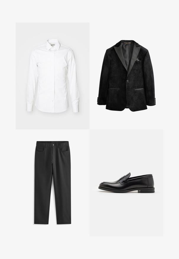 Černá sametová smokingová sako s saténovými klopami, jednobutonní zapínání a dvěma předními kapsami. Obsahuje kapesníčkovou vložku a hladkou texturu.; Bílá košile s dlouhým rukávem z hladkého materiálu, se standardním límcem, knoflíkovou légu a zaobleným lemem, se štíhlým střihem a bez vzorů.; Next SKINNY FIT PLAIN - Kalhoty - black; Černé kožené polobotky s hladkou texturou, zaoblenou špičkou a zdobným páskem přes nárt. Nízký stohovaný podpatek, minimalistický design.
