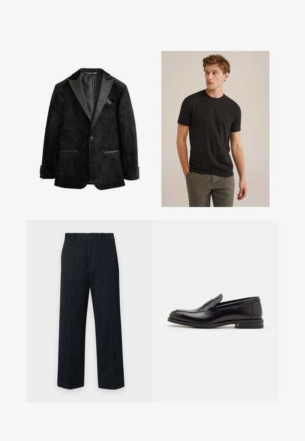 Černá sametová smokingová sako s saténovými klopami, jednobutonní zapínání a dvěma předními kapsami. Obsahuje kapesníčkovou vložku a hladkou texturu.; Mladý muž s kudrnatými světlými hnědými vlasy, oblečený v černém tričku s krátkým rukávem a šedých kalhotách, dívající se doleva s rukama v kapsách.; Černé kalhoty s rovnými nohavicemi, vyrobené z pevných tkanin. Mají zapínání na knoflík, poutka na opasek a dvě přední kapsy. Čistý, minimalistický design.; Černé kožené polobotky s hladkou texturou, zaoblenou špičkou a zdobným páskem přes nárt. Nízký stohovaný podpatek, minimalistický design.
