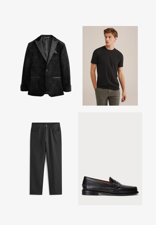 Zwarte fluwelen tuxedojack met satijnen revers, enkelknoopsluiting en twee voorzakken. Heeft een pochet en een soepele textuur.; Jonge man met krullend lichtbruin haar, in een zwart T-shirt met korte mouwen en grijze broek, kijkt naar links met zijn handen in zijn zakken.; Next SKINNY FIT PLAIN - Broek - black; Zwarte leren instapper met een ronde neus, gestikte details en een decoratieve band aan de voorkant. Platte zool met een minimaal profiel.