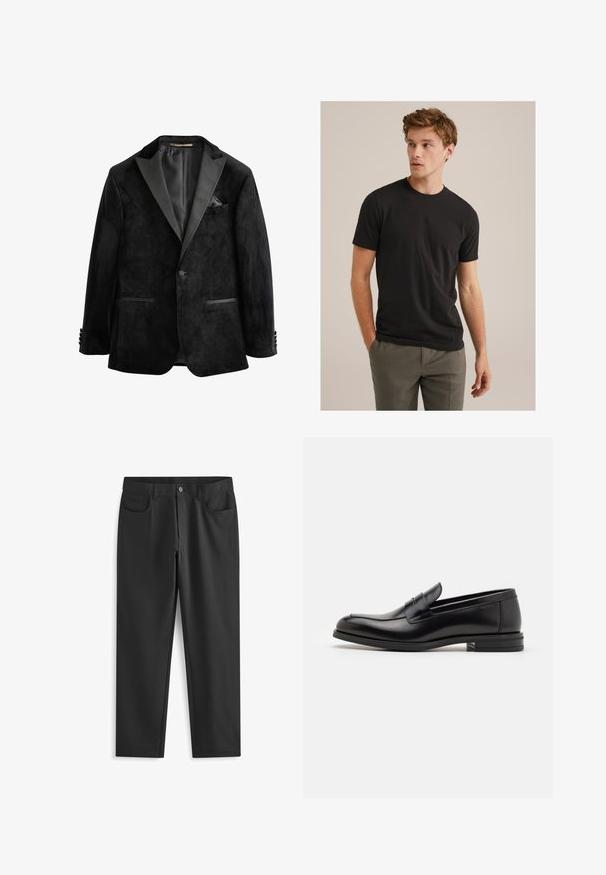 Schwarze Samt-Tuxedojacke mit satinierter Reverskragene, Ein-Knopf-Verschluss und zwei Vorderseiten-Taschen. Mit einer Einstecktuch und glatter Textur.; Junger Mann mit lockigem, hellbraunem Haar, der ein schwarzes T-Shirt mit kurzen Ärmeln und graue Hosen trägt. Er schaut nach links und hat die Hände in den Taschen.; Next SKINNY FIT PLAIN - Stoffhose - black; Schwarze Lederloafers mit glatter Textur, rundem Zehenbereich und einem dekorativen Riemen über dem Vorderfuß. Niedriger, gestapelter Absatz, minimalistisches Design.