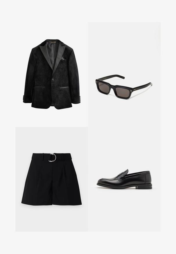 Jachetă de tuxedo din catifea neagră cu reveruri din satin, închidere cu un singur buton și două buzunare frontale. Include un batic pentru buzunar și o textură fină.; Top din bumbac alb, cu dungi, prezentând un grafic cu o lanț argintiu și două etichete pentru câini cu inscripțiile: "URĂ" și "COMPASIUNE."; Şorturi negre, croite pe măsură, din țesătură. Prezintă un brâu lat cu o cataramă circulară argintie, pliseuri pe partea din față și o croială dreaptă.; Mocasini din piele neagră cu o textură netedă, vârf rotund și o curea decorativă peste partea superioară. Toc mic, design minimalist.; Ochelari de soare negri, rectangul care au lentile întunecate, ramă din plastic gros, accente aurii pe brațe și logo-ul brandului gravat pe mâner.