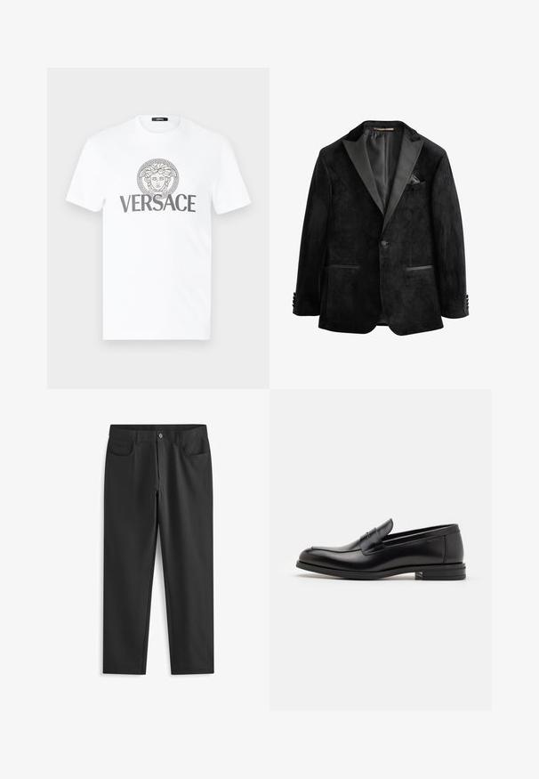 Musta samettitakki satiinikauluksilla, yksirivinen nappisulku ja kaksi etutaskua. Varustettu taskuliinalla ja sileällä pinnalla.; Valkoinen puuvillapaita, jossa on pyöreä kaula-aukko, harmaa kreikkalainen avainkuvio ja keskellä painettu Medusa-symboli, jonka alla on 'VERSACE' teksti.; Next SKINNY FIT PLAIN - Housut - black; Mustat nahkakengät, joissa on sileä pinta, pyöreä kärki ja koristeellinen nauha jalkapöydän yli. Matala pinoitu koroke, minimalistinen muotoilu.