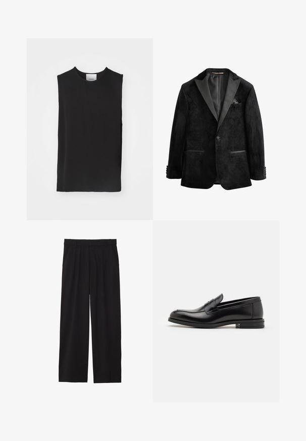 Mustmust keljakk, millel on satiinist krae, ühe nupuga kinnitamine ja kaks esikotikut. Omab taskurätti ja sujuvat tekstuuri.; Must välja lõhikute ja mustriteta, ümmarguse kaelusega ja vabalt langev must ilma varrukateta tunika, valmistatud siledast kangast.; Mustad laiad püksid pleediga esiosas, küljetaskud ja sile kangas. Disainitud mugavaks istuvuseks.; Mustad mustad nahast loafers sileda tekstuuriga, ümarat ninaosa ja dekoratiivne riba vampi üle. Madal kihiline konts, minimalistlik disain.