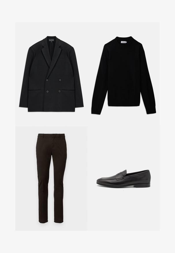 Sort dobbeltradet blazer med klapkraver, fire knapper og to forreste paspolerede lommer, lagt fladt på en hvid baggrund.; Sort sweater med en ribbet rund halsudskæring, lange ærmer og et tekstureret strikmønster. Ingen synlige logoer eller udsmykninger.; Dondup GAUBERT - Chino - brown; Sort læder herre loafers med lav hæl og et klassisk penny strap design, vist i sideprofil på en hvid baggrund.