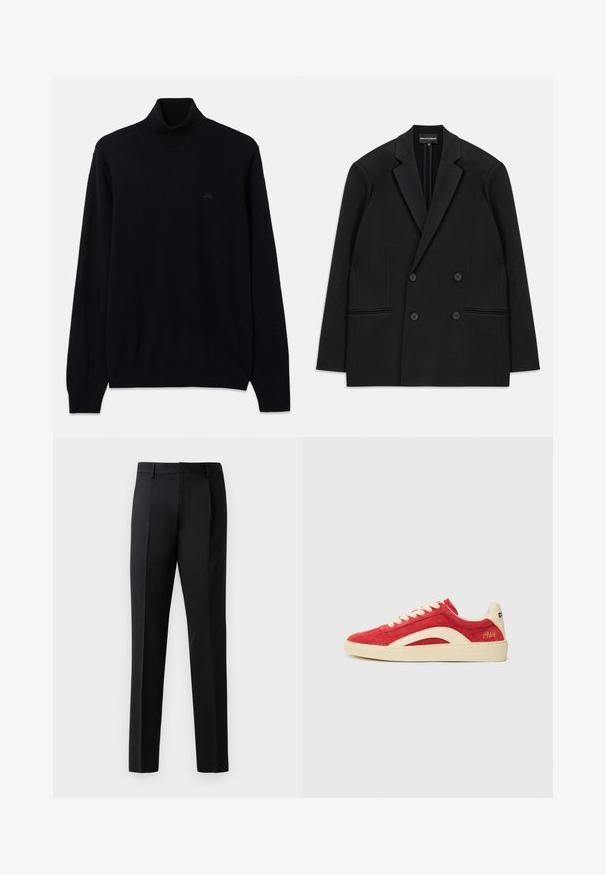 Blazer preto de corte duplo com lapelas de pico, quatro botões e dois bolsos frontais, colocado em plano sobre um fundo branco.; Sweater de gola alta preto feito de um suave tecido de malha, com mangas longas e punhos e barra canelados. Detalhe de logotipo subtil em preto no peito.; Calças formais pretas feitas de um tecido liso, com um corte reto, pregas frontais e cintura padrão sem adornos.; Tênis de camurça vermelha com detalhes em bege, bico redondo, fecho com cordões, detalhes laterais elevados, marcação no calcanhar e inscrição amarela "1964".