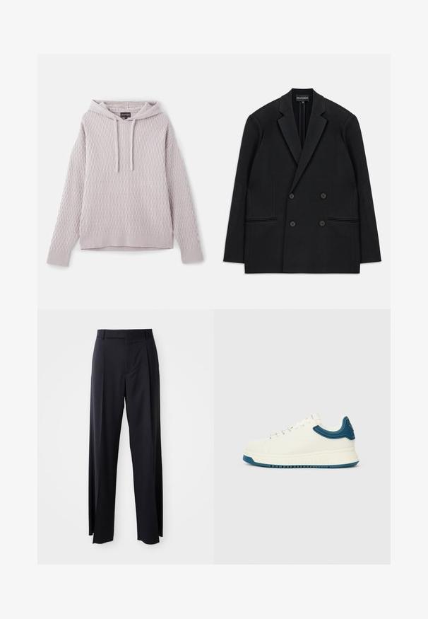 Sacou negru cu două rânduri de nasturi, cu reveri înclinate, patru nasturi și două buzunare externe, așezat pe un fundal alb.; Emporio Armani Pulover - rock ridge; Pantaloni negri, cu talie înaltă și croi evazat, dintr-un material fin. Prezintă pliseuri frontale și buzunare cu curea. Design minimalist, fără accesorii vizibile.; Adidași albi cu un finisaj neted, accente texturate de culoare albastră în jurul gulerului și o talpă groasă. Dispune de șireturi rotunde și un design low-top.