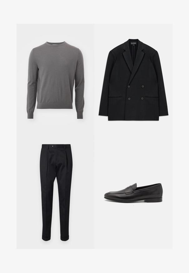 Črni dvoredni suknjič z odrezanimi klapnicami, štirimi gumbi in dvema sprednjima žepoma, razporejen na beli podlagi.; Tiger of Sweden CONNOR - Pulover - pavement; Črne hlače iz gladkega materiala, z zavihkom spredaj, gumbom za zapiranje in zvitim robom ob gležnjih.; Moški črni usnjeni loafer s nizkim peto in klasičnim penny trakom, prikazan v bočnem profilu na belem ozadju.