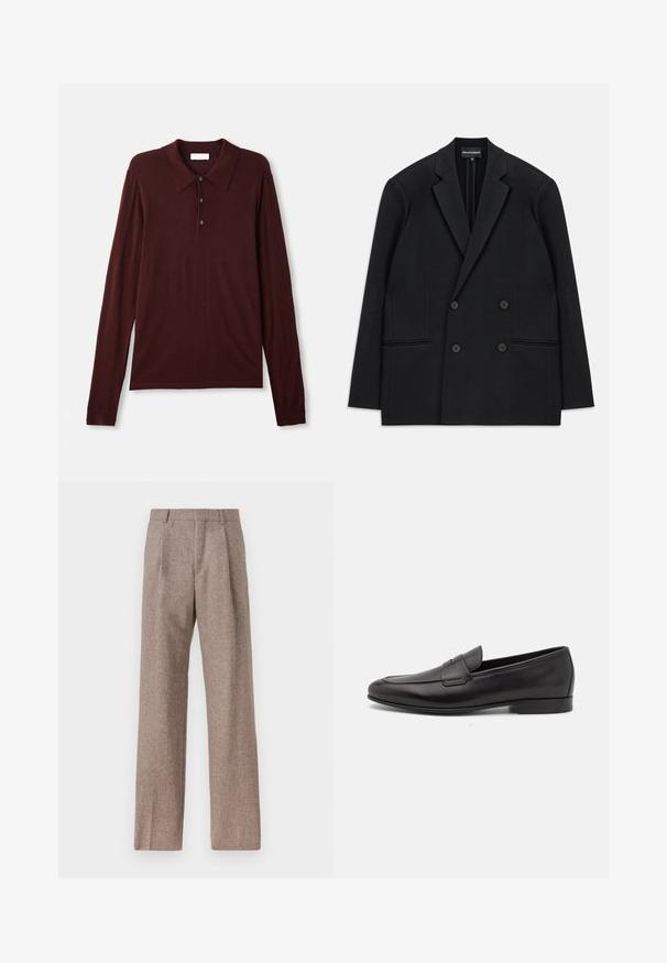 Crni dvoredni sako s reverima, četiri gumba i dvije prednje džepne čiste, položen ravno na bijeloj pozadini.; Polo majica dugih rukava, tamnocrvene boje u mekom materijalu. Ima klasičan kragnu, plaket s tri dugmeta i prilagođene manžete.; Smeđe, hlače viskog struka od teksturiranog materijala. Imaju široke nogavice i dva prednja pregiba za strukturu. Uređen završetak bez vidljivih metalnih dijelova.; Crne kožne muške mokasine s niskom petom i klasičnim dizajnom trake za novčiće, prikazane u bočnom profilu na bijeloj pozadini.