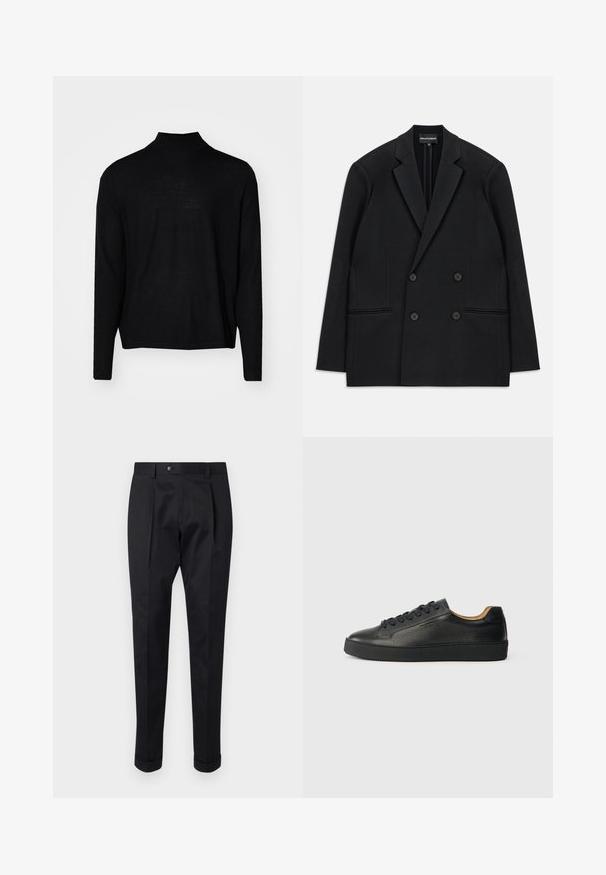 Fekete, kétsoros blézer, ovális hajtókákkal, négy gombbal és két elülső zsebel, fehér háttéren fekve.; Fekete, hosszú ujjú pulóver magas nyakkal. Puha, sima anyagból készült. Egyszerű dizájn, minták nélkül, egyenes szabású hem.; Fekete nadrág sima anyagból, elöl hajtással, gombos záródással és felgöngyölt szárakkal a bokánál.; Fekete, alacsony szárú bőr sneaker, texturált felszínnel, fekete fűzőkkel és vastag gumi talppal, oldalnézetből, világos háttér előtt.