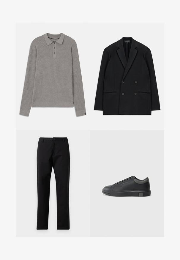 Blazer nero doppiopetto con rever a punta, quattro bottoni e due tasche a filetto frontali, steso su uno sfondo bianco.; Pullover grigio a costine con maniche lunghe, colletto e patta con bottoni. Presenta una finitura testurizzata e accenti a contrasto sui polsini.; Pantaloni neri a gamba dritta con chiusura a bottone e zip, passanti per cintura e tasche frontali, esposti su sfondo bianco.; Sneaker in pelle nera con finitura liscia, punta arrotondata e accenti grigio scuro. Presenta un design con lacci e suola in gomma testurizzata.