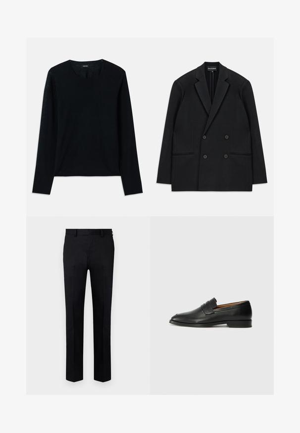 Zwarte dubbelzijdige blazer met reverskraag, vier knopen en twee voorzakken, vlak op een witte achtergrond gelegd.; Zwarte lange mouwen gebreide top met een ronde hals. Zachte textuur, relaxte pasvorm, geen zichtbare patronen of accenten.; Zwarte broek van gladde stof, met een rechte pijpdesign, voornaad en riemlussen bij de taille. Geen zichtbare patronen of accenten.; Zwarte leren instapper met een ronde neus, subtiele stikdetails en een lage hak, met een gladde textuur en een minimalistisch ontwerp.