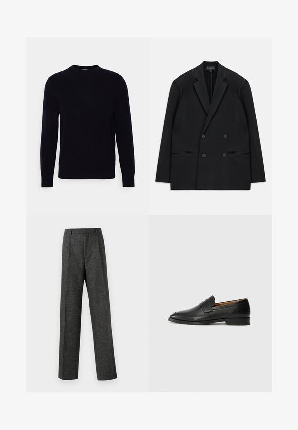 Zwarte dubbelzijdige blazer met reverskraag, vier knopen en twee voorzakken, vlak op een witte achtergrond gelegd.; Donkerblauwe crewneck trui met lange mouwen, gemaakt van zachte stof. Heeft een gladde textuur en een klassieke pasvorm, zonder zichtbare patronen of accenten.; Grijze op maat gemaakte broek van gestructureerde stof, met twee voorplooien en een rechte pijp. Geen zichtbare zakken of versieringen.; Zwarte leren instapper met een ronde neus, subtiele stikdetails en een lage hak, met een gladde textuur en een minimalistisch ontwerp.