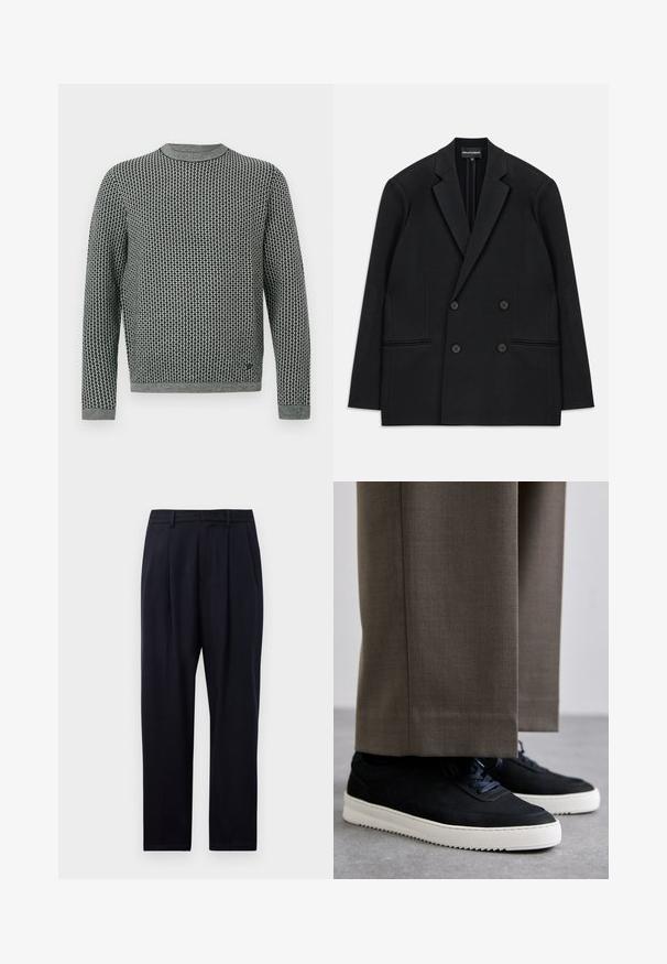 Black double-breasted blazer with notch lapels, four buttons, and two front welt pockets, laid flat on a white background.; Gray-patterned knitted sweater with long sleeves, round neckline, and ribbed cuffs. Features a textured design and a small logo detail at the hem.; Navy blue trousers in a straight cut, featuring a textured fabric, two front pleats, belt loops, and a zip fly closure.; Black suede sneakers with white rubber soles, featuring a rounded toe and laces, worn with gray tailored pants.