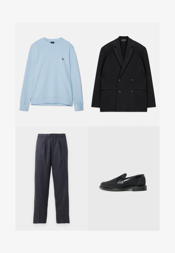 Black double-breasted blazer with notch lapels, four buttons, and two front welt pockets, laid flat on a white background.; Light blue sweatshirt with a crew neckline and ribbed cuffs. Features a small embroidered design on the chest. Soft fabric texture.; Dark navy trousers made of soft fabric with a pleated front design and elastic waistband. Features a button closure and straight-leg cut.; Black woven slip-on shoe with a smooth leather accent on the upper, a round toe design, and a low-profile rubber sole.