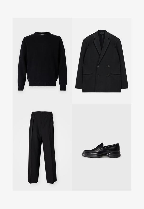 Black double-breasted blazer with notch lapels, four buttons, and two front welt pockets, laid flat on a white background.; Black knitted sweater with a round neck, ribbed cuffs, and hem. Features side slits and a small logo on the sleeve.; Black pleated trousers with a straight, wide-leg design. Made from smooth fabric, featuring a button closure and belt loops.; Black leather loafers with a low, textured rubber sole and a stitched design on the upper. Features a rounded toe and minimal embellishments.