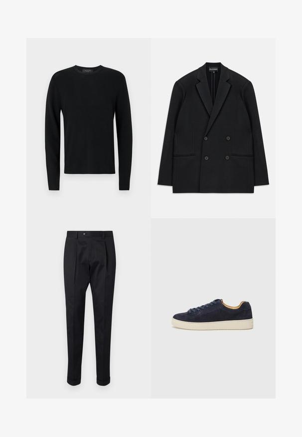 Mustrist kellega kahe nööbiga bleiser, millel on (š)lõhikogupist. Empooris on neli nööpi ja kaks eesmine ideide tasku, asetatud valge tausta peale.; Must mustreptik, musta puuvillane pikkade varrukatega sviiter, ribatav tekstuur, ümar kaelus ja kitsad varrukad. Lihtne disain, ilma mustrite või aksessuaarideta.; Mustad püksid siledast kangast, millel on ees voldid, nööbisuletus ja pahkluul keeratud varrukad.; Tumesinine sametist madal sneaker ümarate varvastega, off-white kummipõhi ja harmoneeruvad lingid; omaduseks kontrastne pruun sisemus.