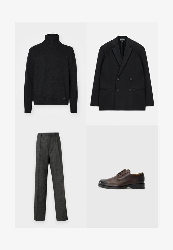 Čierny dvojradový blazer s klopovými reverzami, štyrmi gombíkmi a dvoma prednými vreckami, ležiaci na bielom pozadí.; Čierny rolák vyrobený z mäkkej tkaniny, s rebrovaným golierom, manžetami a spodným okrajom, hladkej textúry a bez viditeľných vzorov.; Sivé úzke nohavice z textúrovanej látky, s dvoma prednými skladmi a rovnými nohavicami. Bez viditeľných vreciek alebo ozdôb.; Hnedé kožené topánky s okrúhlou špičkou, nízkym opätkom, šnurovací dizajn a hladkou textúrou. Obsahujú minimálne prešívanie a lesklý povrch.