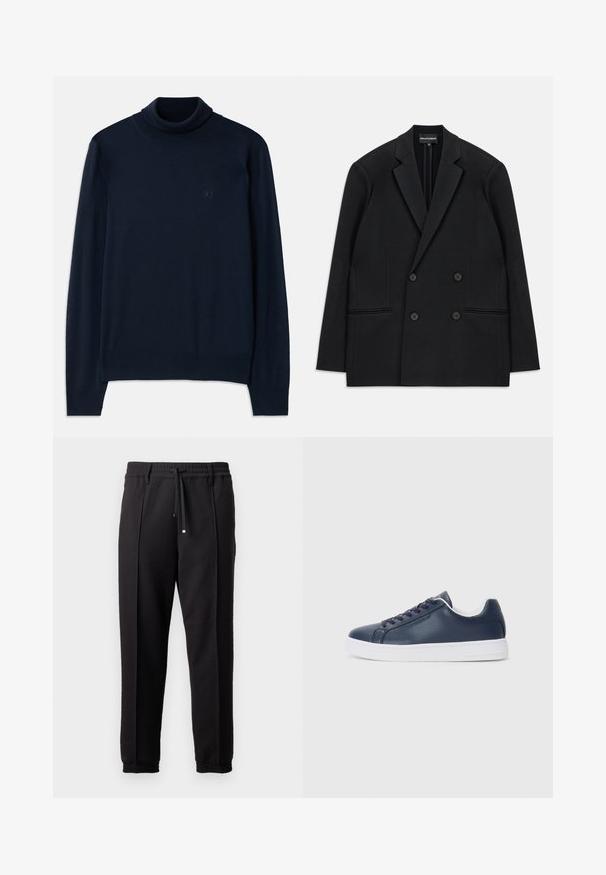 Črni dvoredni suknjič z odrezanimi klapnicami, štirimi gumbi in dvema sprednjima žepoma, razporejen na beli podlagi.; Dsquared2 TURTLE NECK - Pulover - navy blue; Črne hlače z pasom, vrvico in elastičnimi manšeti. Imajo nabore in gladko teksturirano blago.; Temno modri usnjeni športni čevlji z belim gumijastim podplatom, okroglo konico in usklajenimi vezalkami. Imajo subtilen logotip na zunanji strani.