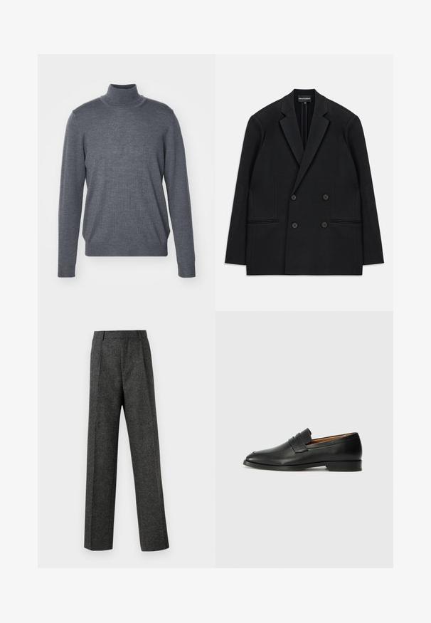 Crni dvoredni sako s reverima, četiri gumba i dvije prednje džepne čiste, položen ravno na bijeloj pozadini.; Sivi pulover s visokim ovratnikom napravljen od mekane pletene tkanine, s dugim rukavima, prilagođenim ovratnikom i glatkom teksturom. Bez uzoraka ili naglasaka.; Sive prilagođene hlače od teksturiranog materijala, s dva prednja nabora i ravnim krojem. Nema vidljivih džepova ili ukrasa.; Crni kožni loafer s okruglim vrhom, suptilnim šavovima i niskim petama, s glatkom teksturom i minimalističkim dizajnom.