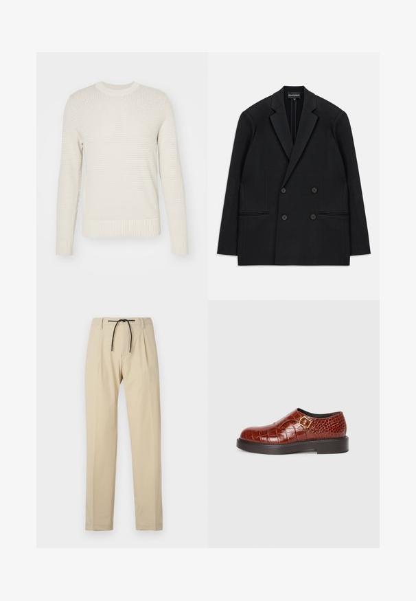 Zwarte dubbelzijdige blazer met reverskraag, vier knopen en twee voorzakken, vlak op een witte achtergrond gelegd.; J.LINDEBERG OLIVER STRUCTURE - Trui - moonbeam; Beige broek met een rechte pasvorm, voorzien van een verstelbare tailleband, geplooide voorkant en een soepele textuur. Eenvoudig, veelzijdig ontwerp.; Bruine leren schoenen met een krokodillenstructuur, voorzien van een vierkante gouden gesp, een gladde ronde neus en een dikke zwarte zool.