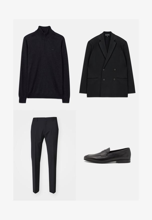Schwarzer, doppelt geknöpfter Blazer mit geflammten Revers, vier Knöpfen und zwei vorderen Paspeltaschen, flach auf einem weißen Hintergrund ausgelegt.; Schwarzer Pullover mit langen Ärmeln, geripptem Stehkragen und halbem Reißverschluss, mit dezentem Logo auf der linken Brust.; Dunkelblaue Hose mit schmaler Passform. Hergestellt aus glattem, strukturiertem Stoff, mit flachem Bund, Gürtelschlaufen und seitlichen Taschen.; Schwarze Leder-Herrenloafer mit niedrigem Absatz und klassischem Penny-Riemen-Design, seitlich auf einem weißen Hintergrund dargestellt.