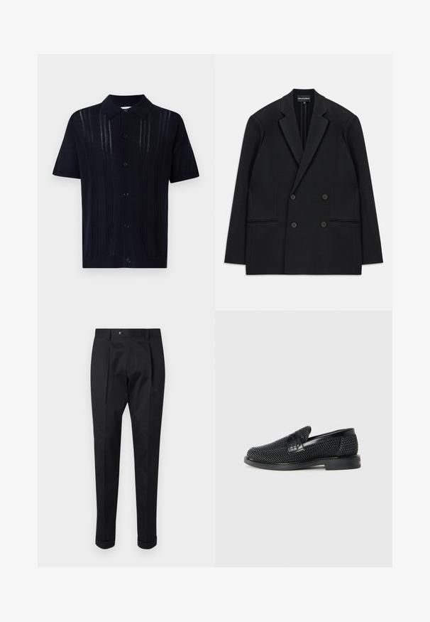 Musta kaksirivinen bleiseri, jossa on sakarat, neljä nappia ja kaksi etutaskua, aseteltuna tasaiseksi valkoiselle taustalle.; Musta tummansininen lyhythihainen neulepolo, jossa on nappikaulus, pystyribbikuviointi ja kuusi nappia edessä.; Musta housut, jotka on valmistettu sileästä kankaasta, ja niissä on etuosassa laskos, nappisulku sekä käänteet nilkassa.; Musta kudottu liukupohjallinen kenka, jossa on sileä nahkakorostus päällisessä, pyöreä kärki ja matala kumipohja.