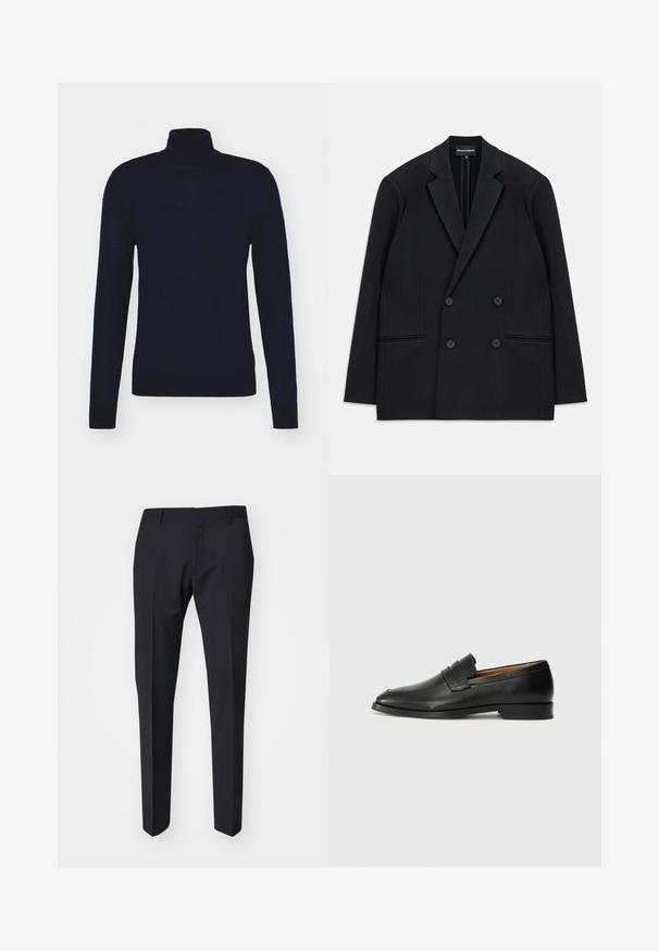 Svart dubbelknäppt Blazer med slagkrage, fyra knappar och två framfickor, utlagd platt på en vit bakgrund.; Tiger of Sweden NEVILE - Stickad tröja - light ink; Mörkblå byxor med slim fit. Tillverkade av slät, texturerad tyg, med flat front, bältesloopar och sidofickor.; Svart läderloafersko med rund tå, subtila sömnadsdetaljer och låg klack, med en jämn yta och minimalistisk design.