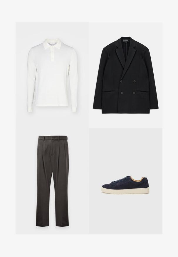 Juodas dvigubas švarkas su išpjautomis apykaklėmis, keturiais mygtukais ir dviem priekinių kišenių iškarpomis, padėtas ant balto fono.; Balta ilgo rankovėmis polo marškiniai iš minkštos medžiagos su apykakle, trijų mygtukų užsegimu ir guma aptrauktomis rankovėmis. Lygus tekstūra, minimalistinis dizainas.; Tamsiai pilki kelnės, pagamintos iš tekstūruoto audinio, su plokščiu priekiniu pjūviu, klostėmis, tiesiomis kojomis ir diržo kilputėmis. Matomų metalinių detalių ar raštų nėra.; Jūros laivyno zomšiniai žemakulniai sportbačiai su apvaliu nosiu, šviesiai balta guma sole ir atitinkančiomis raištelėmis; turi kontrastingą tan spalvos vidinę pamušalą.
