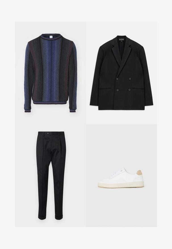Blazer preto de corte duplo com lapelas de pico, quatro botões e dois bolsos frontais, colocado em plano sobre um fundo branco.; Paul Smith CREW NECK - Camisola - dark blue/multi-coloured; Calças pretas feitas de um tecido suave, com um vinco na frente, fechamento com botão e punhos dobrados no tornozelo.; Sapatilhas brancas de cano baixo com parte superior em couro texturizado, sola cream estriada e detalhe em tan no calcanhar. Apresenta atacadores brancos e detalhe do logótipo no calcanhar.
