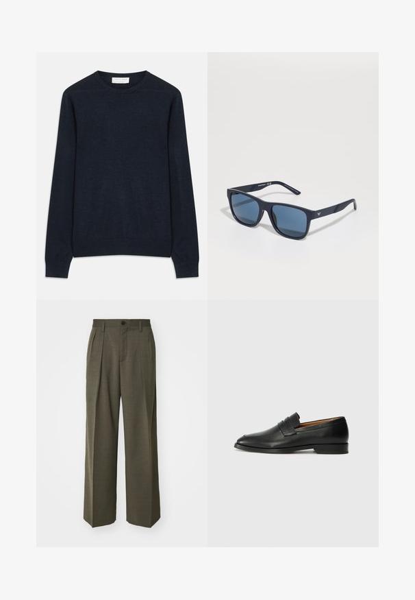 Blazer nero doppiopetto con rever a punta, quattro bottoni e due tasche a filetto frontali, steso su uno sfondo bianco.; Maglione girocollo blu navy realizzato in tessuto morbido. Presenta maniche lunghe e polsini e orlo a coste. Colore semplice e uniforme senza motivi.; Filippa K WIDE TROUSERS - Pantaloni - driftwood; Mocassino in pelle nera con punta arrotondata, dettagli cuciti sottili e tacco basso, caratterizzato da una texture liscia e un design minimalista.; Occhiali da sole rettangolari blu con lenti scure, montatura opaca blu navy, dettaglio del logo sulla tempia, aste dritte e una texture solida e liscia.