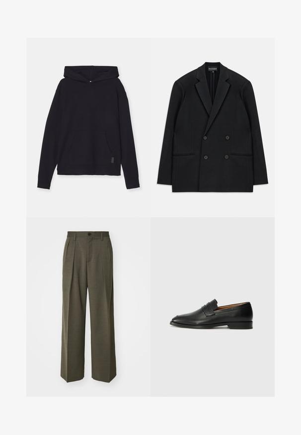 Melna divrindas žakete ar izgrieztiem elkoņiem, četriem pogām un divām priekšējām kabatām, izklāta uz baltas fona.; Melna kapuce krekliņš, izgatavots no mīksta auduma. Iekļauj priekšējo kabatu, kritušām plecu šuvēm un ribotiem piedurkņu maliņām. Vienkāršs, ikdienišķs dizains.; Filippa K WIDE TROUSERS - Auduma bikses - driftwood; Melnas ādas loafers ar noapaļotu purngala formu, smalku izšuvumu un zemu papēdi, piedāvājot gludu tekstūru un minimālistisku dizainu.