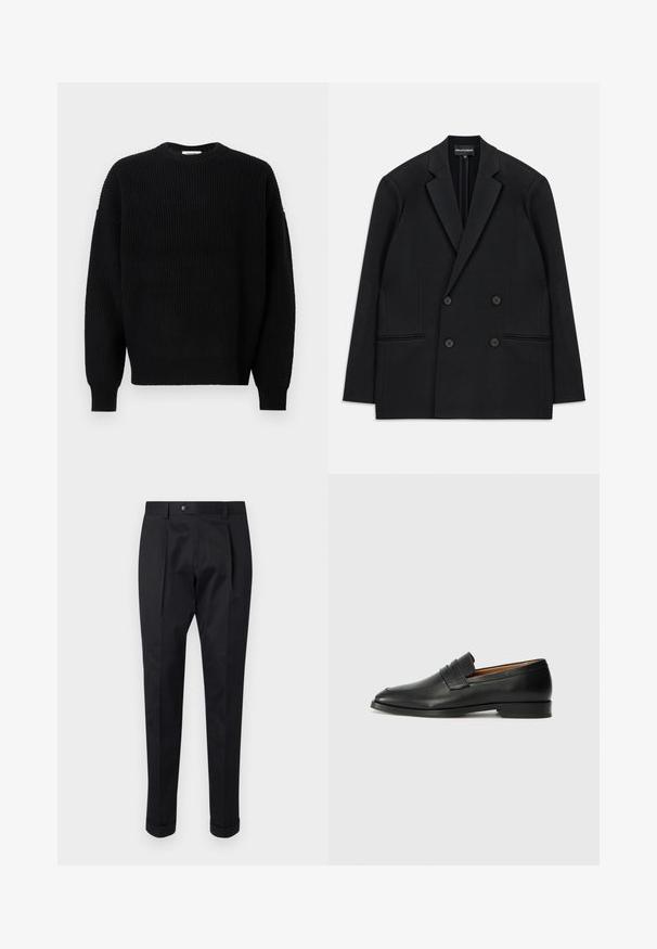 Schwarzer, doppelt geknöpfter Blazer mit geflammten Revers, vier Knöpfen und zwei vorderen Paspeltaschen, flach auf einem weißen Hintergrund ausgelegt.; Schwarzer Strickpullover mit geripptem Muster, Rundhalsausschnitt und überschnittenen Schultern, mit langen Ärmeln und einem lässigen Schnitt.; Schwarze Hosen aus einem glatten Stoff, mit einem Faltenwurf vorne, einem Knopfverschluss und umgeschlagenen Säumen am Knöchel.; Schwarze Leder-Slipper mit runder Zehenform, dezenten gestickten Details und niedrigem Absatz, ausgestattet mit glatter Textur und minimalistischem Design.