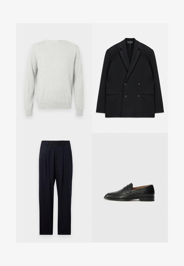 Fekete, kétsoros blézer, ovális hajtókákkal, négy gombbal és két elülső zsebel, fehér háttéren fekve.; Világosszürke, hosszú ujjú, kereknyakú pulóver bordás mandzsettákkal és aljjal, egyszerű háttér előtt bemutatva.; Tengerészkék egyenes szabású nadrág, texturált anyagból, két elülső pliszéval, övhurkokkal és cipzáras záródással.; Fekete bőr mokaszin, kerek orral, diszkrét varrásokkal és alacsony sarokkal, sima felülettel és minimalista dizájnnal.